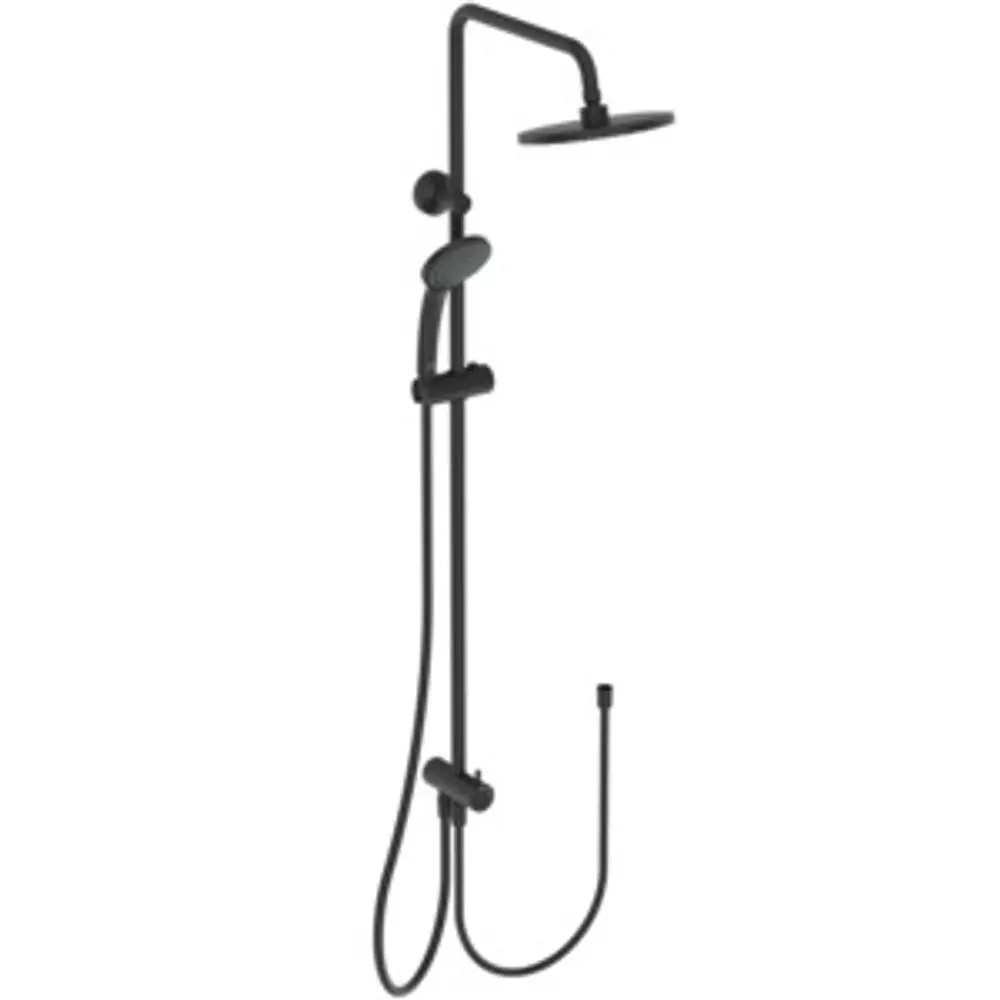 Duschsystem von Ideal Standard in Schwarz, bestehend aus einer Oberbrause, Handbrause und zugehörigem Schlauch, montiert an einer Wand.